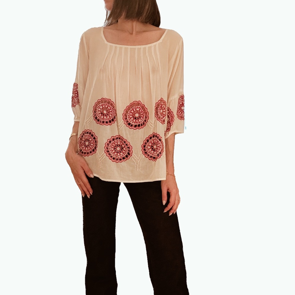 Chan Luu Cream and Red Hand-Embroidered Blouse